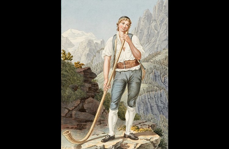 Das Bild «Hirte aus Oberhasli» von Gabriel Lory: Das ist der Typ Alphorn, der auch als Unspunnenhorn bekannt ist, und vermutlich an den Alphirtenfesten 1805 und 1808 gespielt wurde. (Foto zVg)