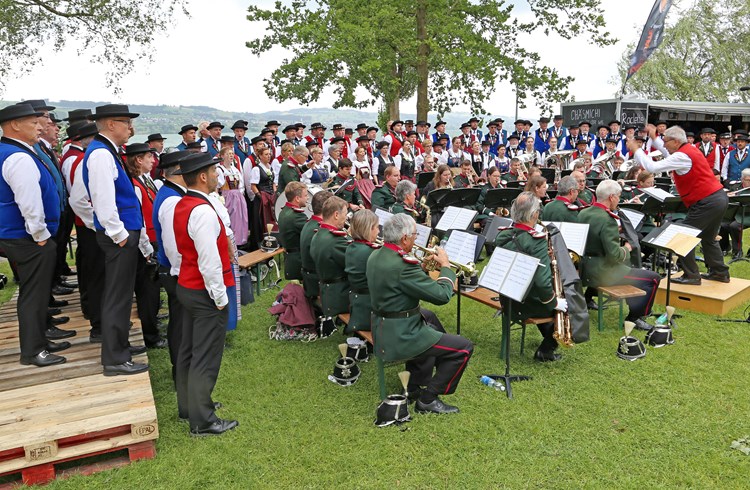 Fünf Chöre rund um den Sempachersee und die Musikgesellschaft Harmonie Sempach bildeten ein stattliches Ensemble. (Foto Geri Wyss)