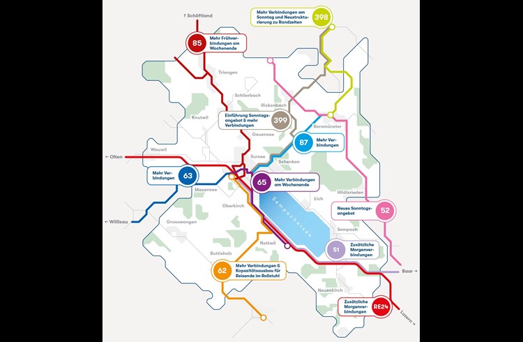 Der Region Sursee-Mittelland bringt der Fahrplan 2025 vor allem zusätzliche Kurse und Taktverdichtungen. (Illustration zVg)